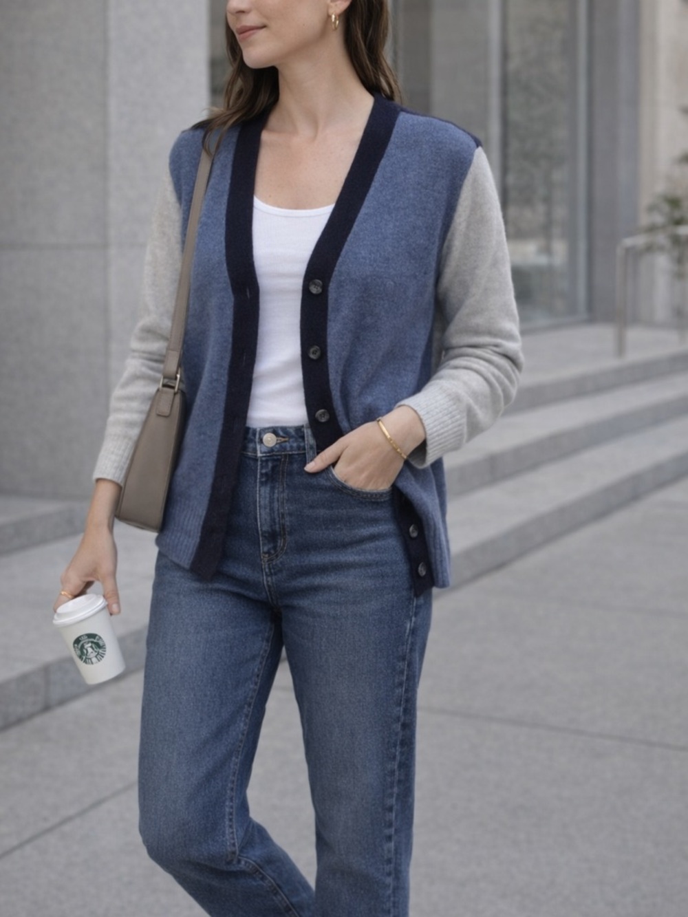 TALBOTS Blue and White V Neck Button Down Cardigan Medium Petite